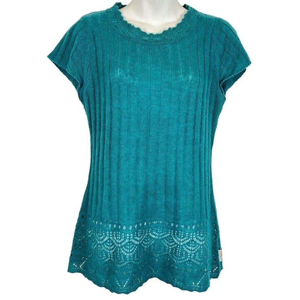 Ness Knitwear Womens Teal Ribbed Pointelle Short Sleeve Pullover Sweater 1 / XS